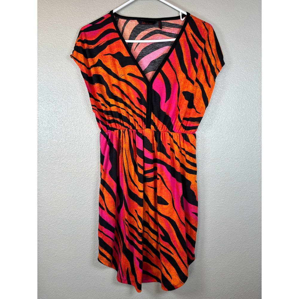 Sofia Vergara Womens Medium Dress Hot Pink Orange Black‎ Zebra Print V Neck